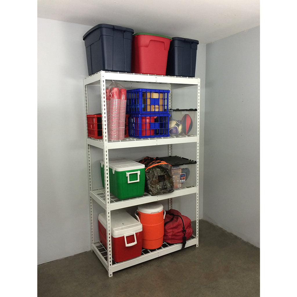 white garage shelf with bins and boxes