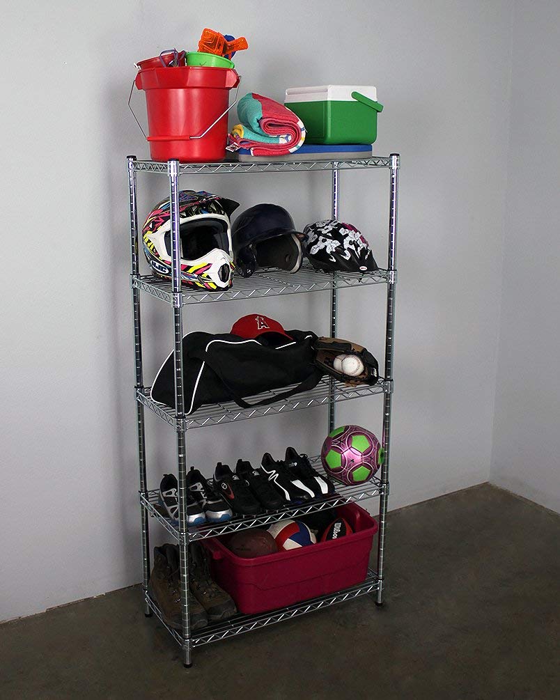 wire shelf with sporting equipment 
