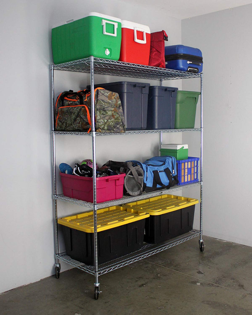 wire shelf with coolers, boxes and bags