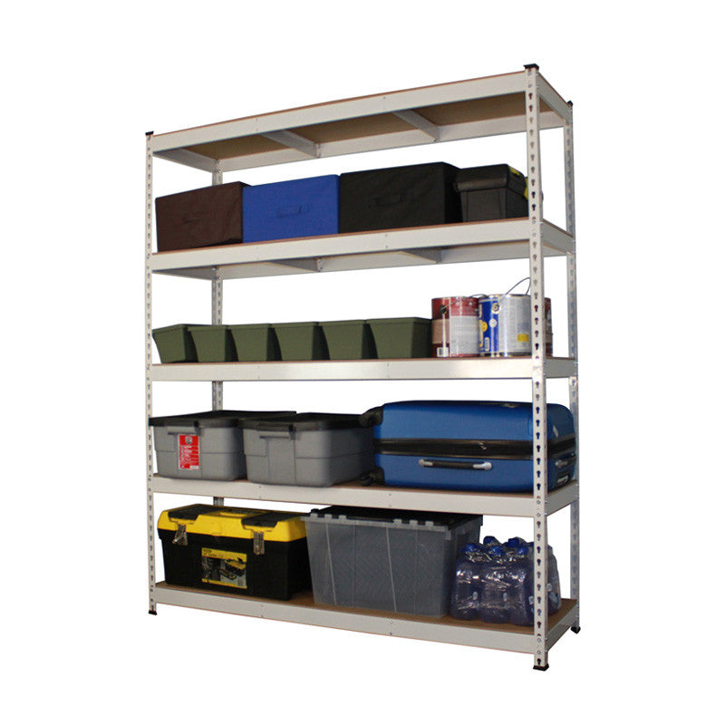 white modular shelf with bins and boxes