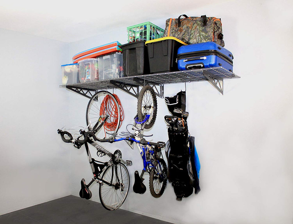gray wall shelves with bicycles and bins