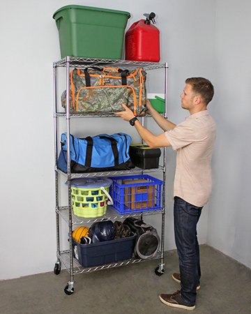 person removing bag from wire shelf