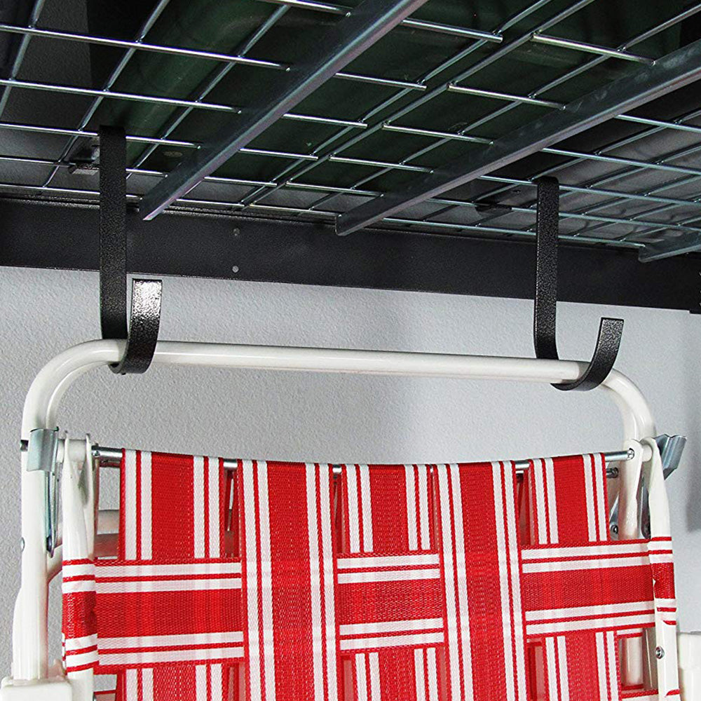 brach chair hanging from deck hooks on overhead rack