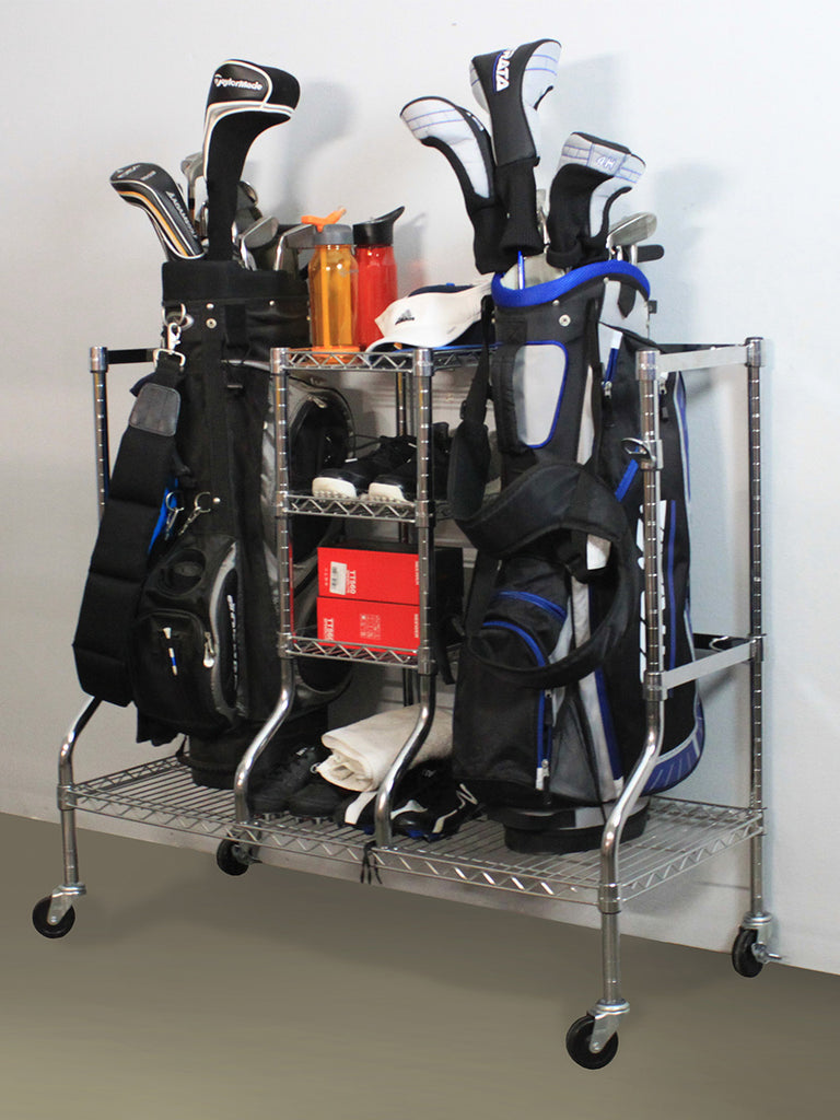 golf rack with golf bags and golf accessories 