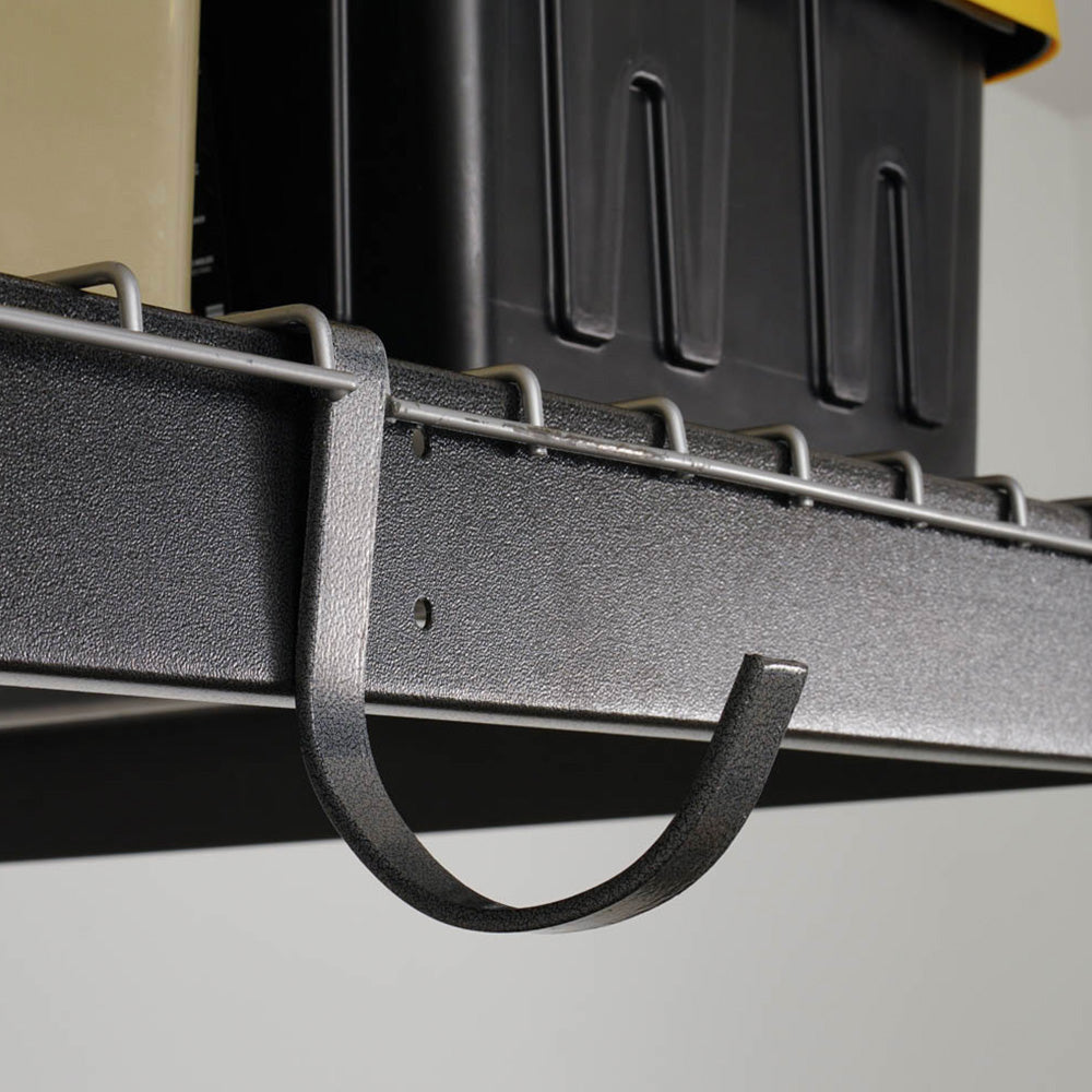 gray rail hook hanging from overhead storage rack