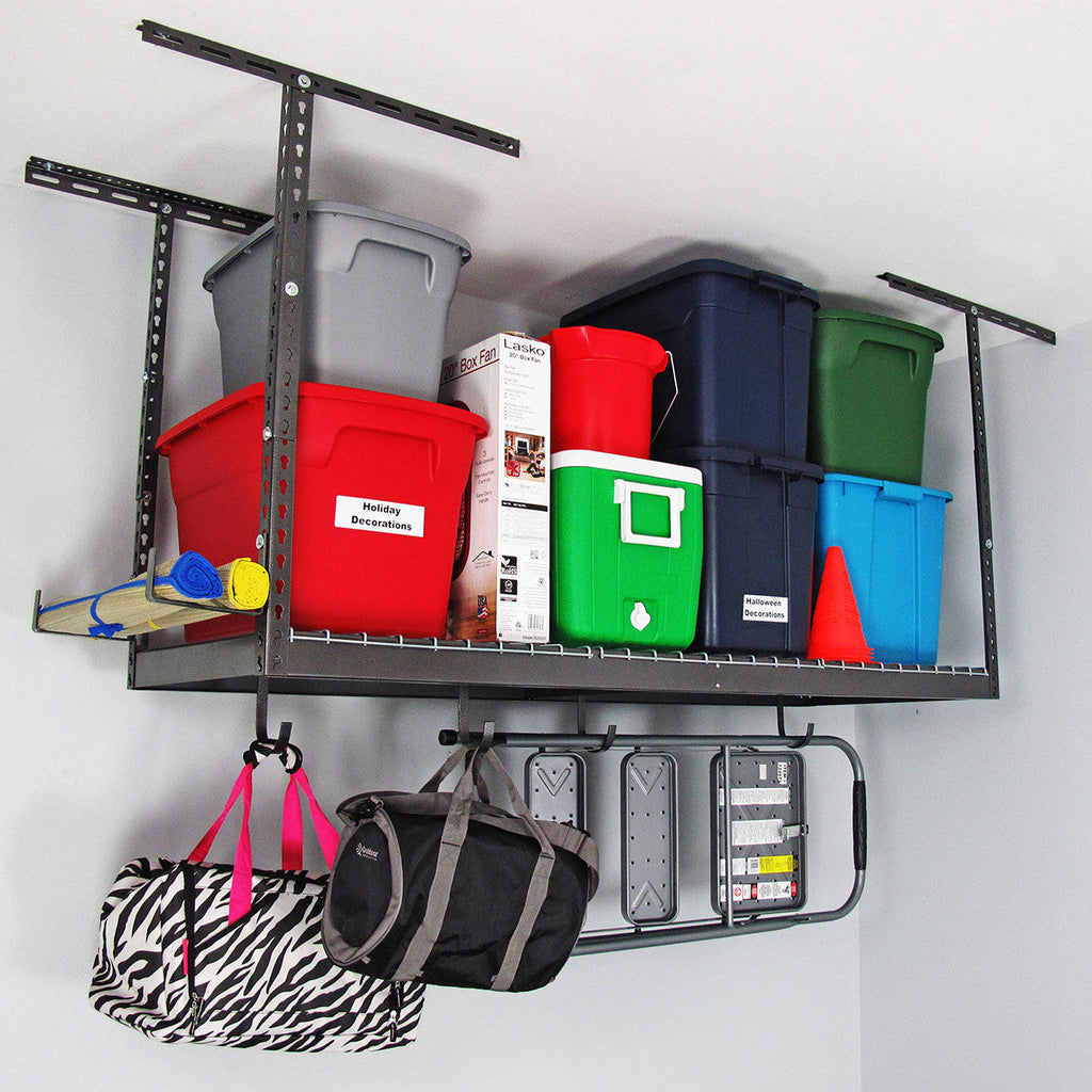 gray overhead rack with bins and bags hanging from hooks