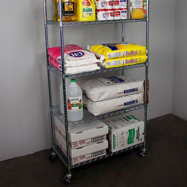 wire shelf with food items