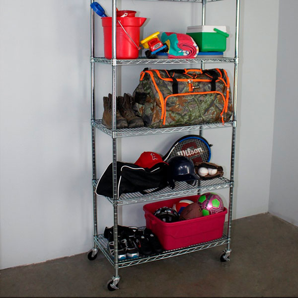 wire shelf with sporting equipment