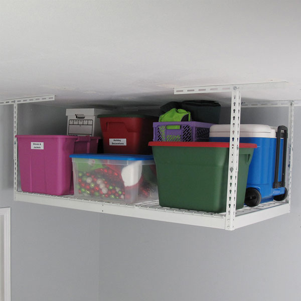 white overhead rack with bins