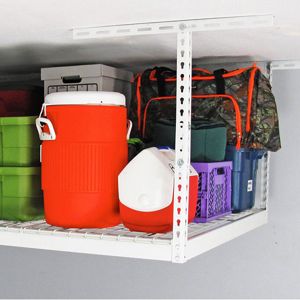 white overhead rack with cooler and bag
