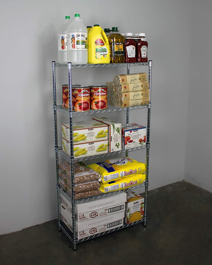 wire shelf with food items