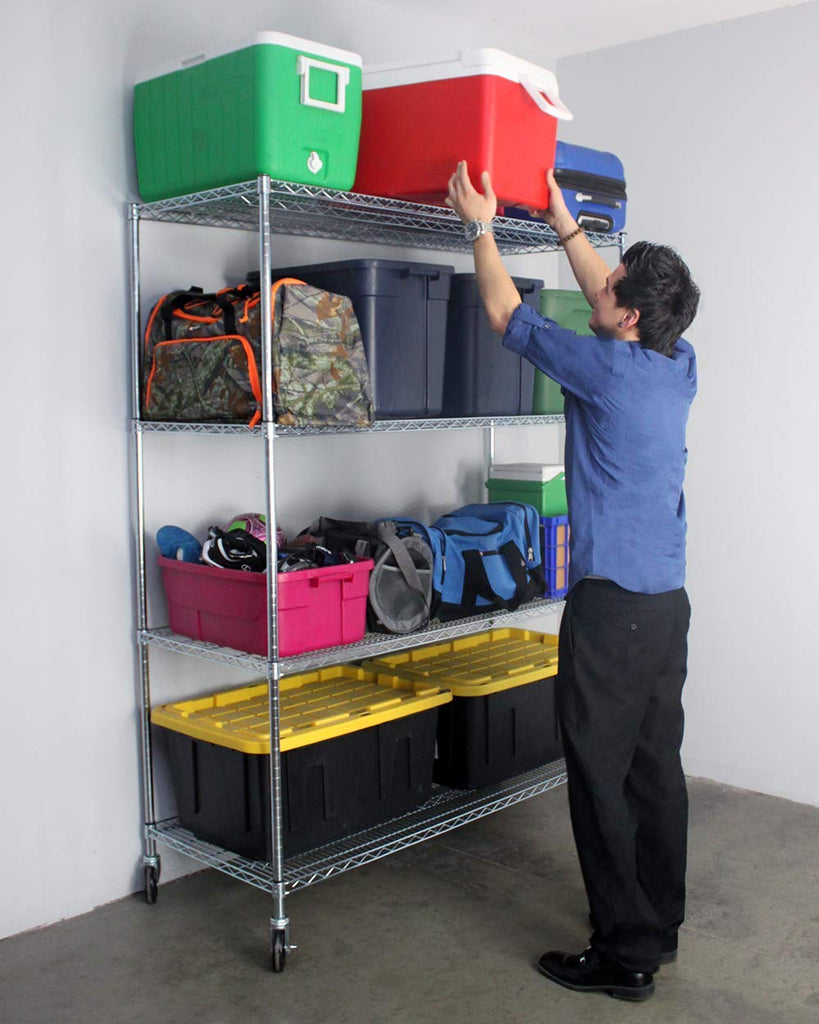 person removing cooler from wire shelf