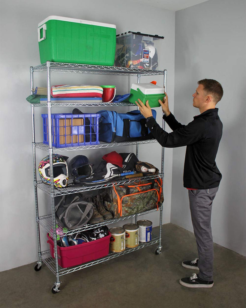 person removing cooler from a wire shelf