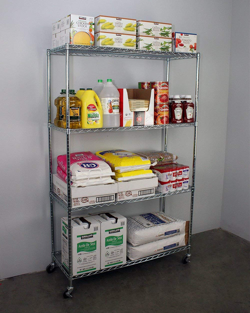 wire shelf with food items