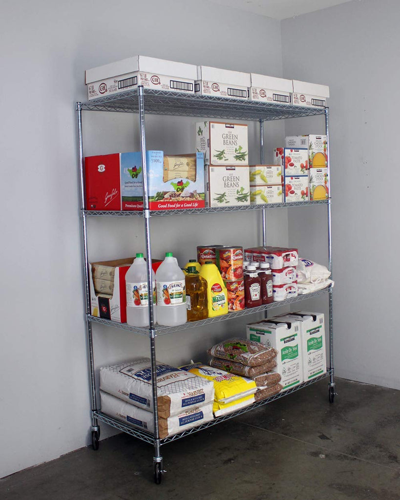 wire shelf with food items and boxes
