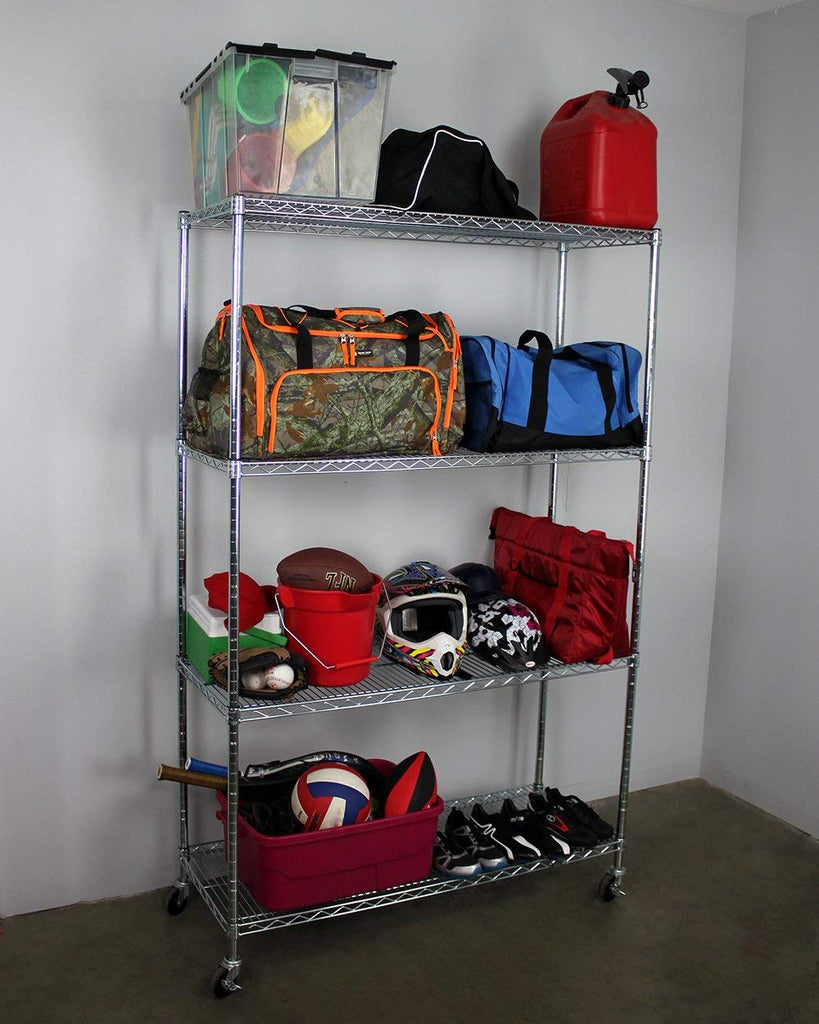 wire shelf with sporting equipment 