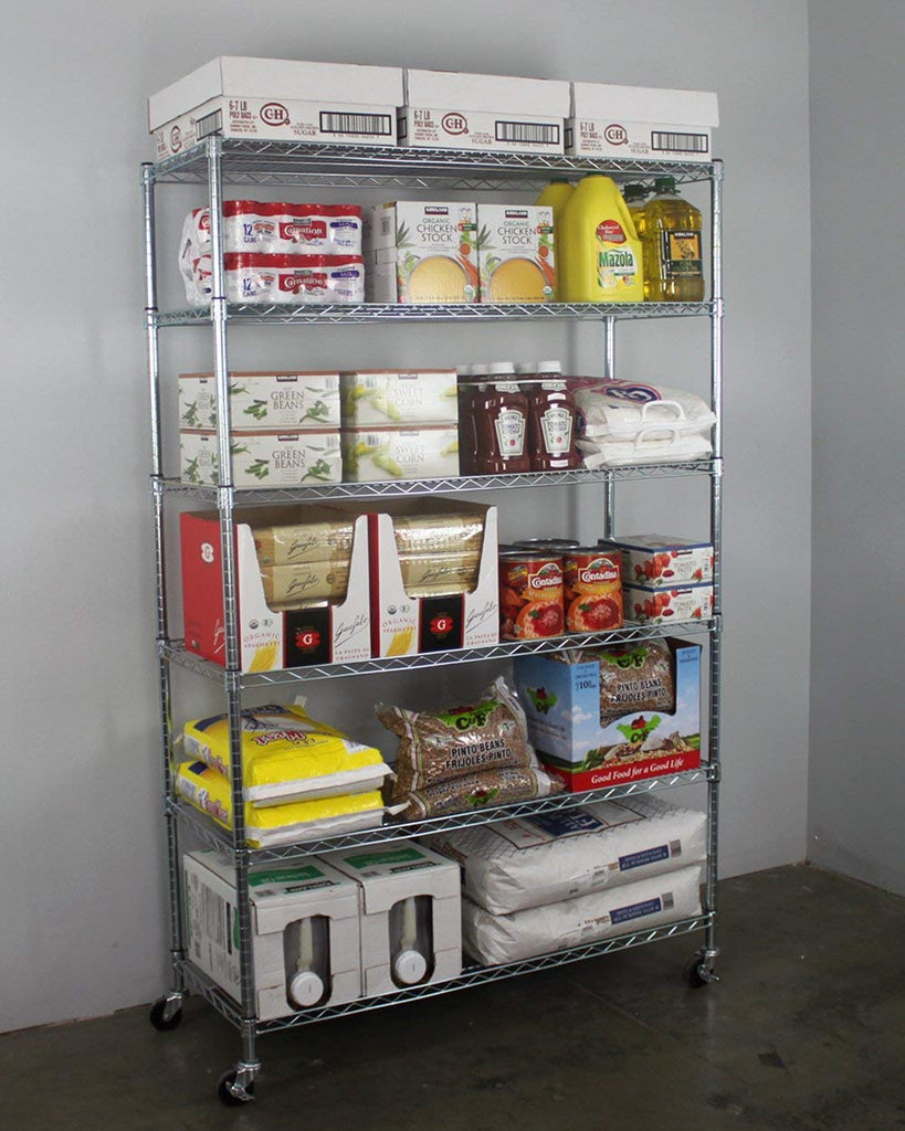 wire shelf with food items