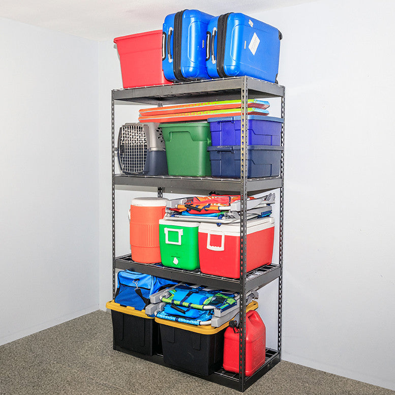 gray garage shelf with bins and coolers