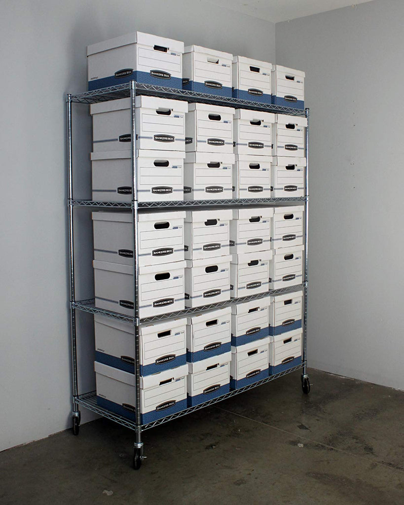 wire shelf with white boxes