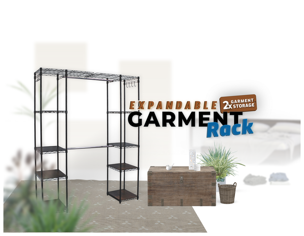 advertisement for expandable garment rack