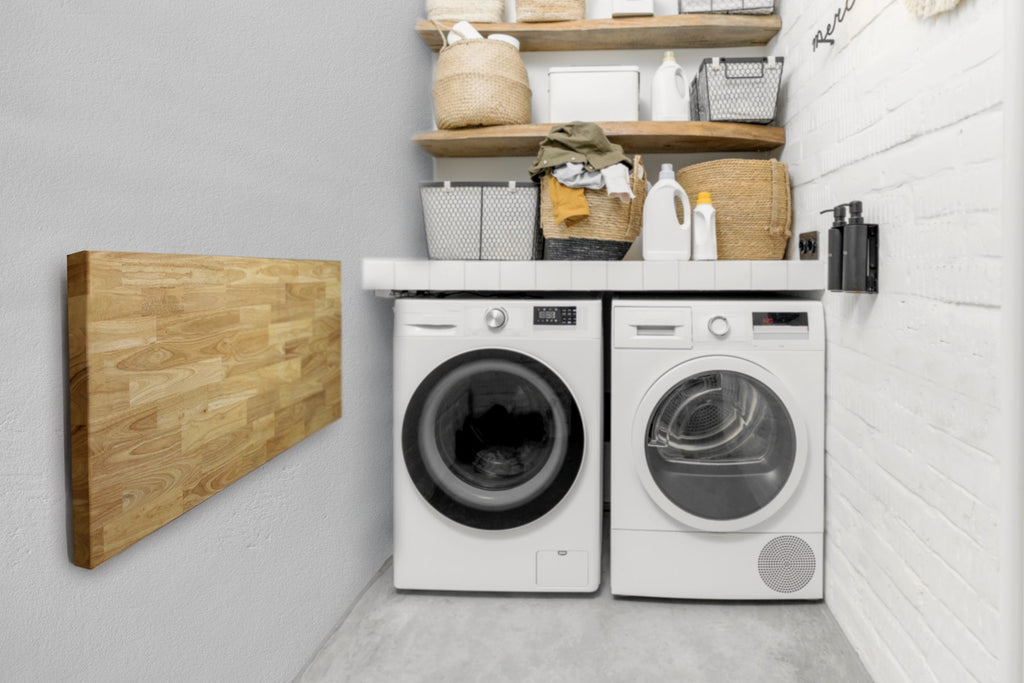 folding workbench in a laundry room setting 