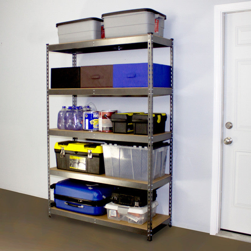 gray modular shelf with bins and boxes