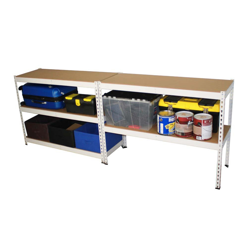 white modular shelf built as half units with boxes