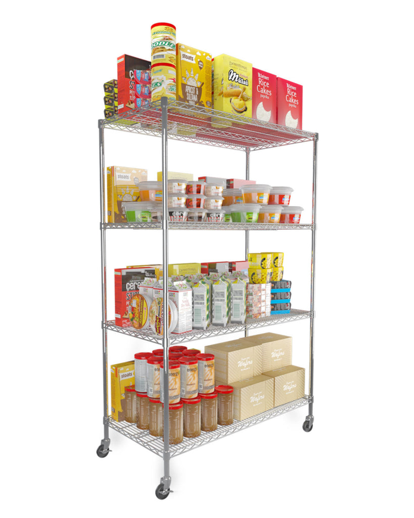 wire shelf with food items 