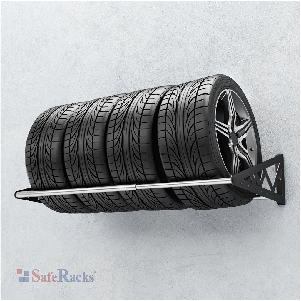 loaded tire rack mounted on a wall 