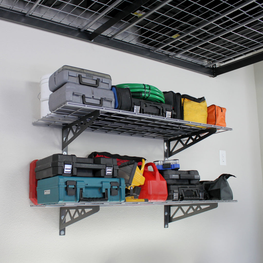 gray wall shelves with tool boxes and bags