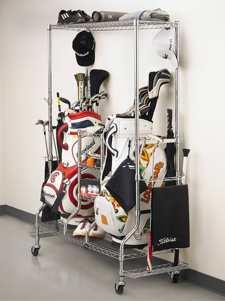 golf rack with golf bags and accessories 