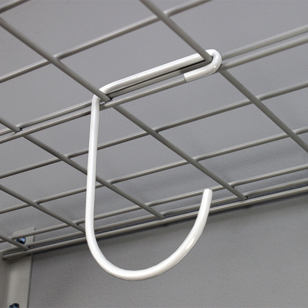 white deck hook on overhead storage rack