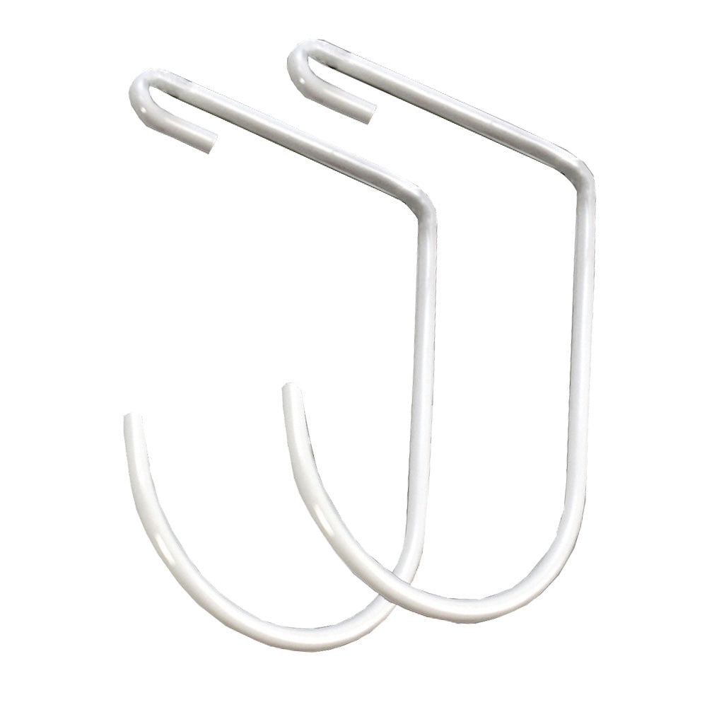 pair of white deck hooks for overhead rack