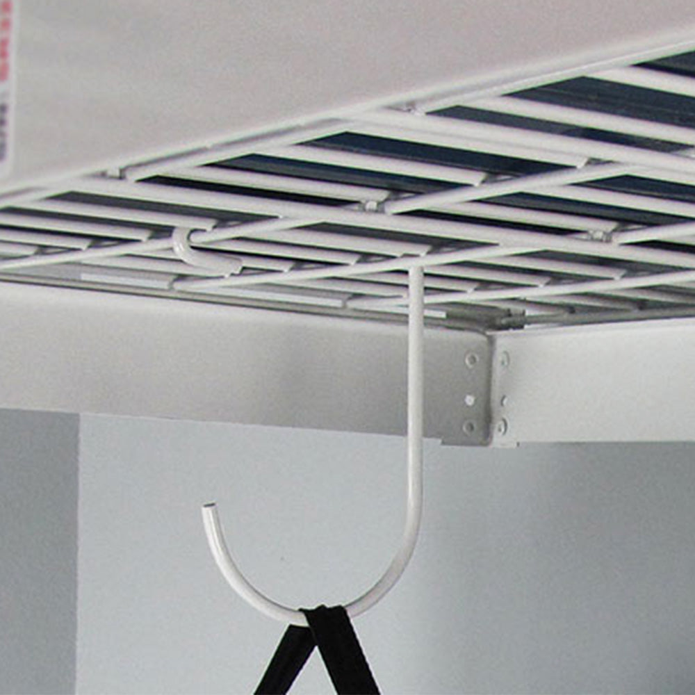 white deck hook on overhead storage rack