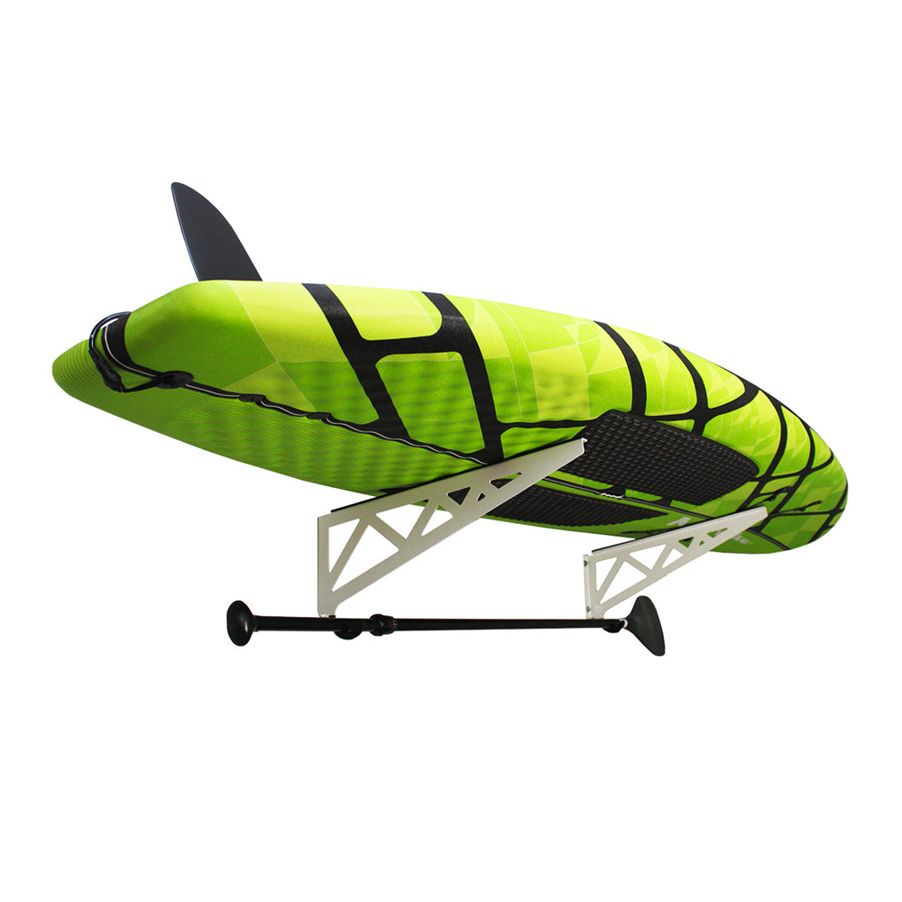 paddle board rack with green paddle board and paddle