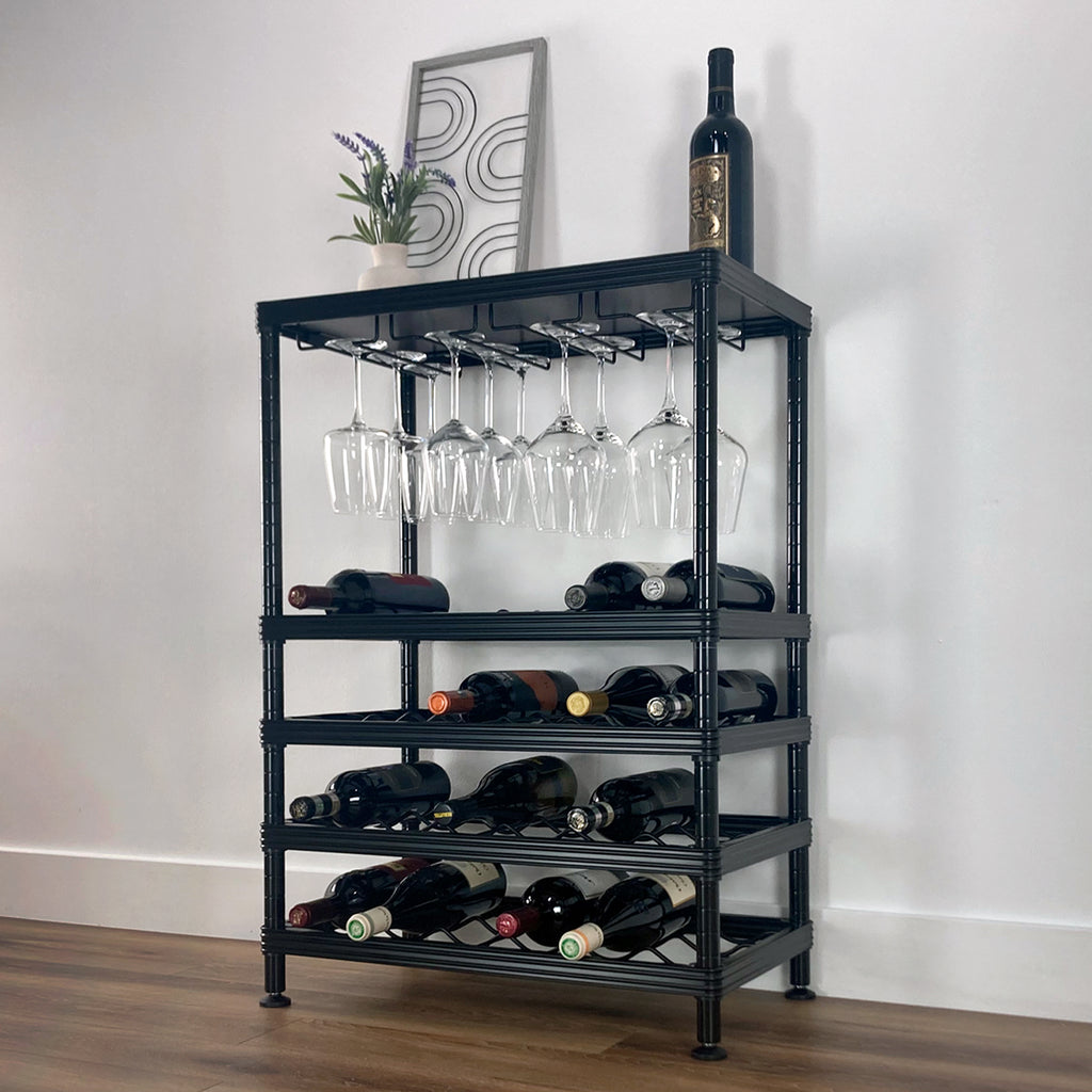 wine rack loaded with bottles and glasses